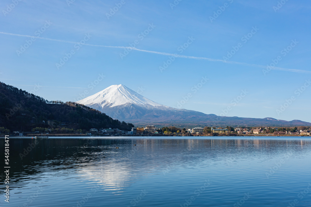 Sunny high angle view of the Mt. Fuji with cityscape