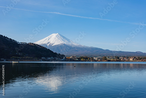 Sunny high angle view of the Mt. Fuji with cityscape