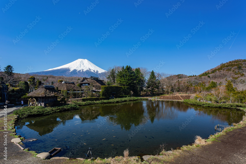 Sunny view of traditional building with MT. Fuji