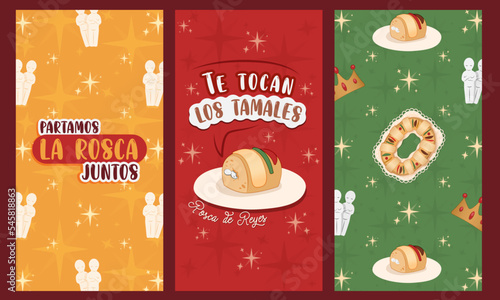 Ilustraciones de la Rosca de reyes. Tradición católica mexicana. Muñeco de rosca.