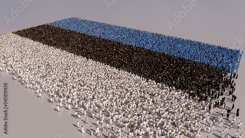 Aerial view of a Crowd of People, congregating to form the Flag of Estonia. Estonian Banner on White Background.