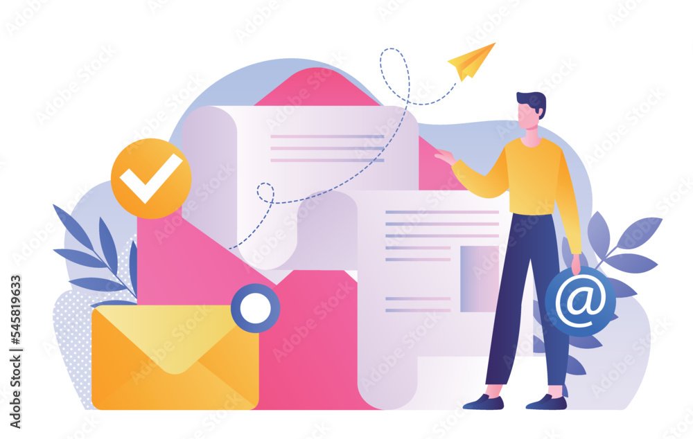Man with Email. Guy takes out letter from envelope, metaphor for business correspondence. Communication and interaction on Internet. Poster or banner for website. Cartoon flat vector illustration Man with Email. Guy takes out letter from envelope, metaphor for business correspondence. Communication and interaction on Internet. Poster or banner for website. Cartoon flat vector illustration