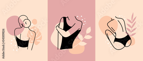 Female body lineart. Collection of stylish and trendy posters or banners in minimalistic style. Aesthetics and elegance, beauty. Cartoon flat vector illustrations isolated on beige background