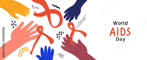 World AIDS day awareness. Multicolored palms hold red ribbon.Vector horizontal flat doodle illustration for banner, poster