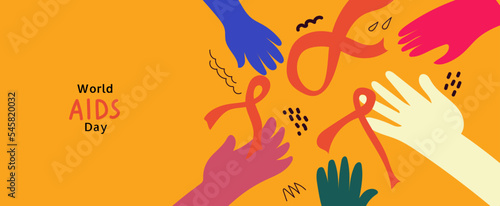 World AIDS day awareness. Multicolored palms hold red ribbon.Vector horizontal flat doodle illustration for banner, poster
