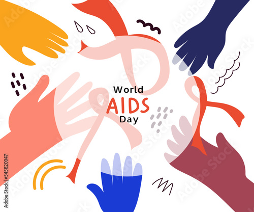 World AIDS day awareness. Multicolored palms hold red ribbon.Vector horizontal flat doodle illustration for banner, poster