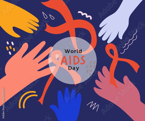 World AIDS day awareness. Multicolored palms hold red ribbon.Vector horizontal flat doodle illustration for banner, poster