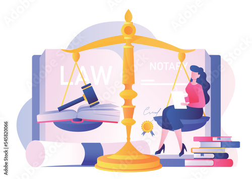 Notary service concept. Young girl on scales with hammer. Judge and lawyer, laws. Poster or banner for website. Legalizing paper document, democracy and rights. Cartoon flat vector illustration