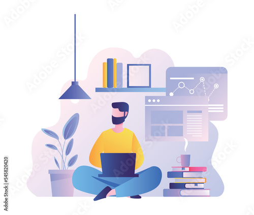 Online education concept. Man in lotus position sits with laptop next to books. Remote lessons, learning and lectures. Knowledge and information, self development. Cartoon flat vector illustration