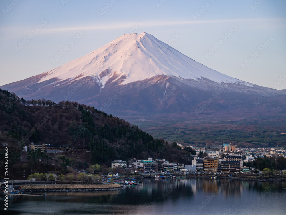 Sunrise high angle view of the Mt. Fuji with cityscape