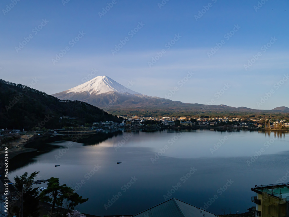 Sunrise high angle view of the Mt. Fuji with cityscape