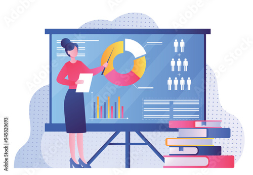 Woman with sociology. Young girl studying graphs and charts, working with statistics and information. Character studies society, creates presentation, infographics. Cartoon flat vector illustration