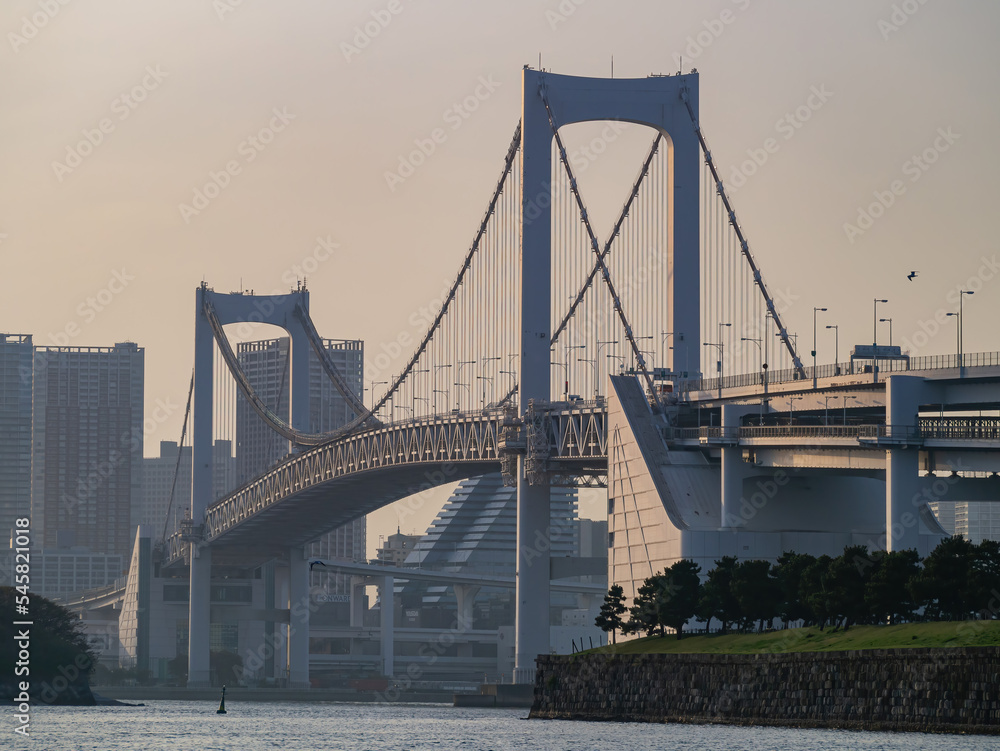 Naklejka premium Sunny view of the Rainbow Bridge and cityscape