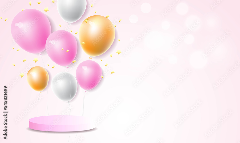 Sale and promotion banner for cosmetics product with balloon confetti vector design template