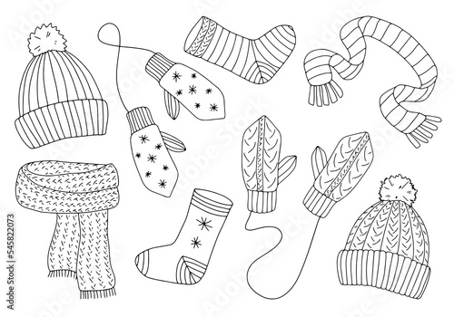 Set of warm winter clothes, knitted accessories, rope mittens, socks, hats with pompoms, scarves. Hand-drawn outline drawing, vector isolated on white background. Winter doodles.
