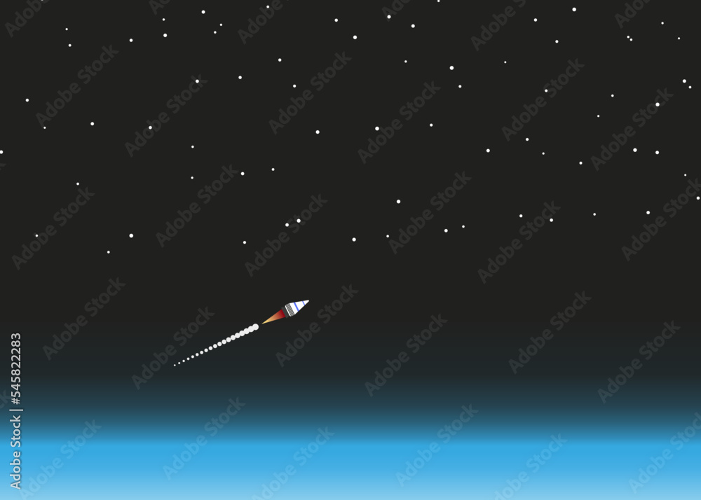 A rocket stage flies above the earth's atmosphere into space. Exhaust ...