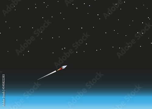 A rocket stage flies above the earth's atmosphere into space. Exhaust gases come out behind the rocket and above it are stars. Isolated vector graphic