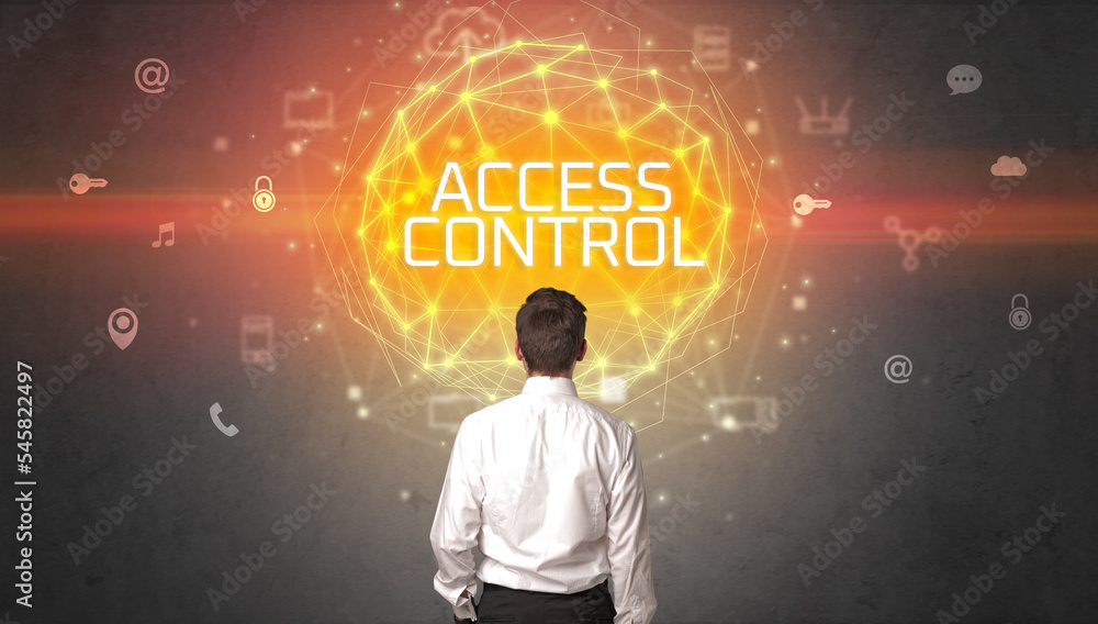 Rear view of a businessman, online security concept Rear view of a businessman, online security concept