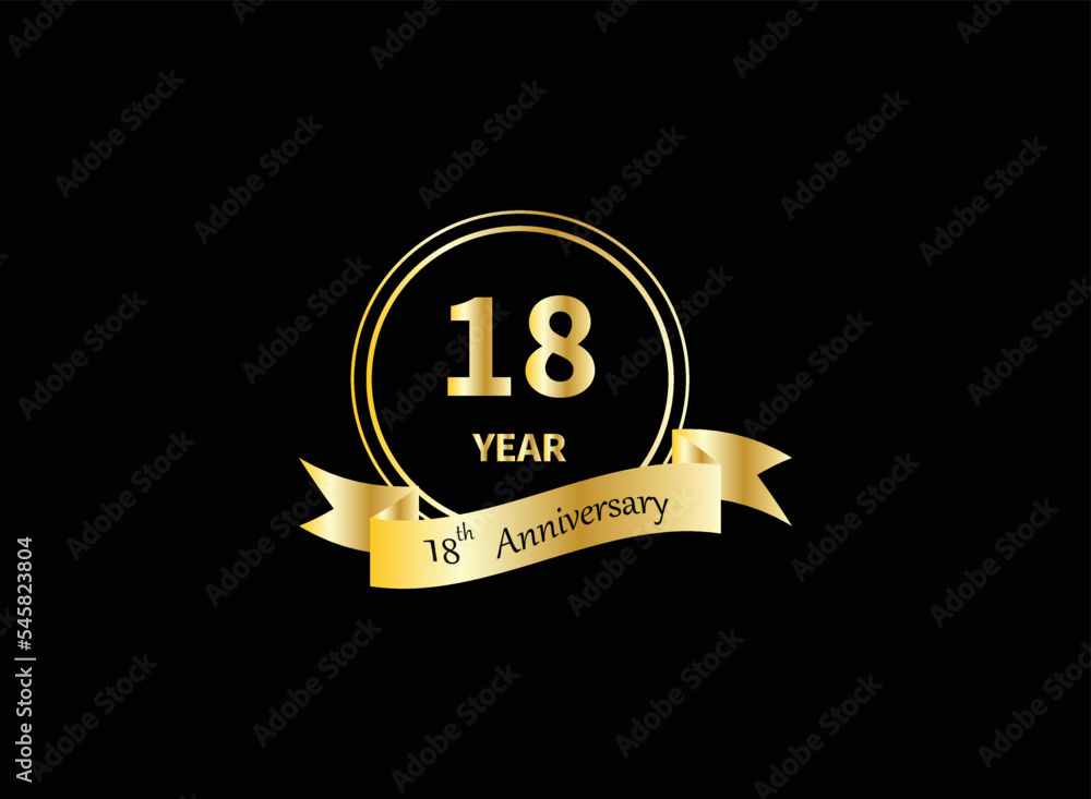 18 years anniversary logo template isolated on gold, gold stamp 18th anniversary icon label with ribbon, twenty year birthday seal symbol. 18 years anniversary logo template isolated on gold, gold stamp 18th anniversary icon label with ribbon, twenty year birthday seal symbol.