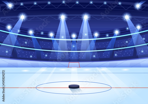 Ice Hockey Player Sport with Helmet, Stick, Puck and Skates in Ice Surface for Game or Championship in Flat Cartoon Hand Drawn Templates Illustration