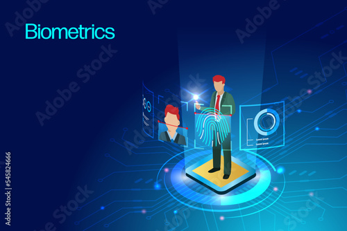 Businessman using biometric security system, face recognition and fingerprint scanning to access business data network. Business security protection from cyber attack.