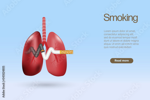 Smoking caused lung cancer. 3D cancer lung organ with burning cigarette. Stop smoking, quit smoking awareness. Realistic vector.