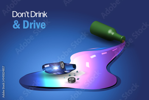 Don't drink and drive. Bottle of alcohol spilled out with crashed car accident violation on road. 3D vector. 