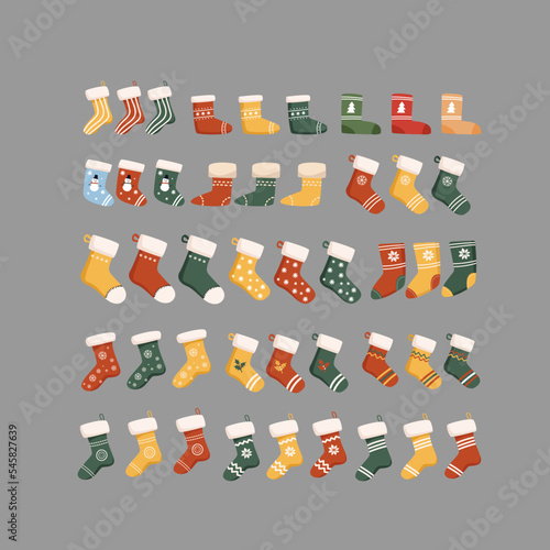 Christmas socks. decorative sock. group set. Vector  Illustration