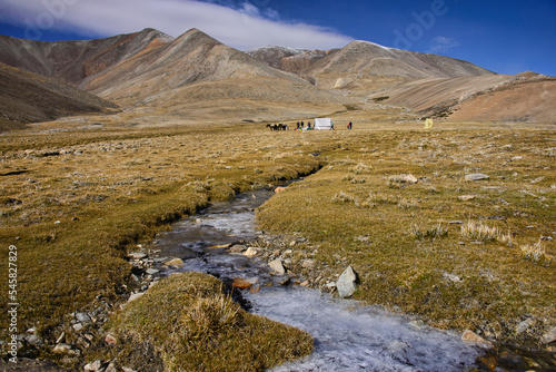 Frozen river and campsite along the Tso Moriri trek  Ladakh  India.