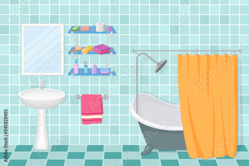 Bathroom.Modern bathroom interior.Bathroom,sink,toiletries.Vector illustration.