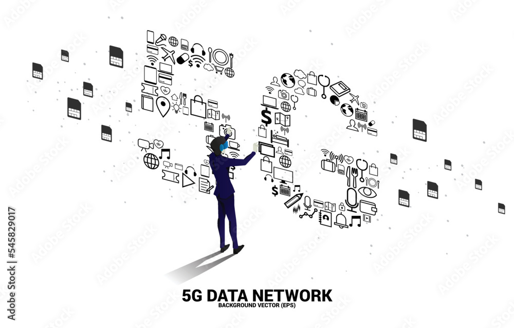 Silhouette man wear VR glasses and 5G Data technology from online function icon. Concept for mobile telecommunication global network. Silhouette man wear VR glasses and 5G Data technology from online function icon. Concept for mobile telecommunication global network.