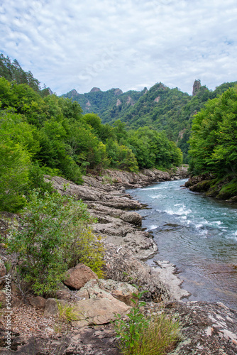 mountain river, sources in the canyon of the stone bed, panorama of the area, rocky shores and the bottom of the riverbed