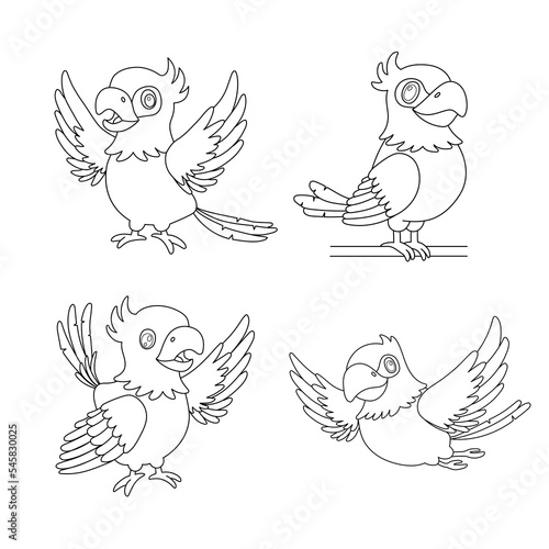 Line parrot bird flying and sitting. Outline cartoon character isolated on white for coloring book. Vector set