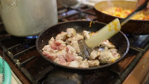 fry meat in a frying pan in the kitchen