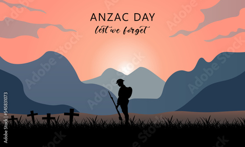 anzac day. remembrance day symbol. last we forget. australian soldier with beauty landscape