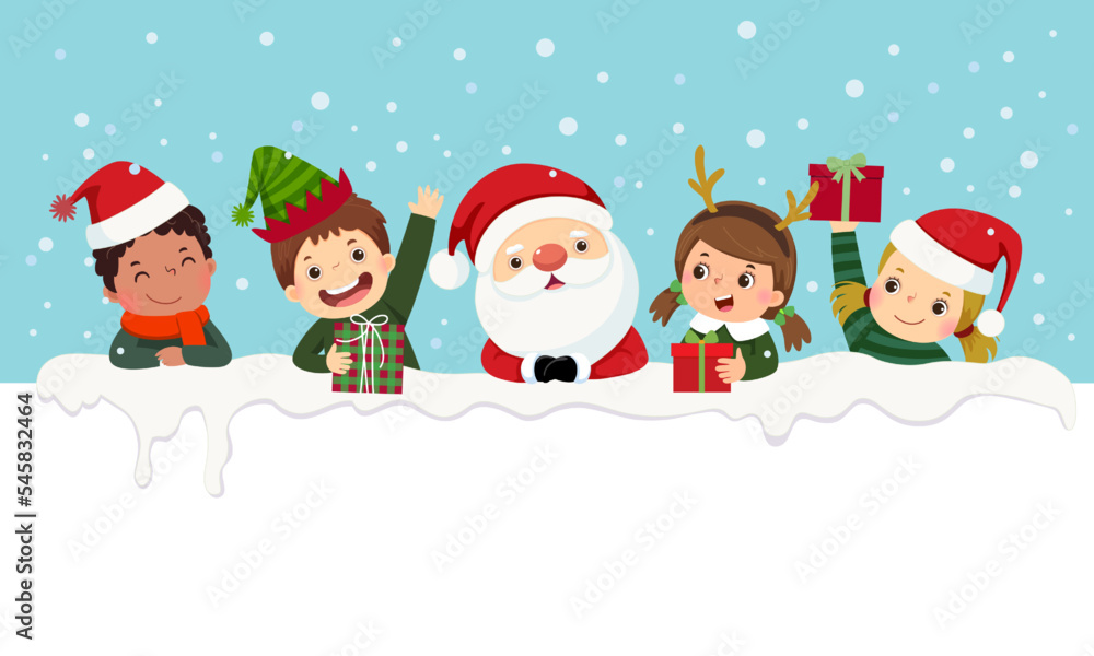 Fototapeta premium Kids in Christmas costumes and Santa Claus looking out from behind empty blank. Christmas card