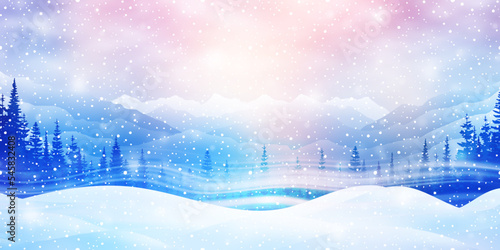 Fairytale winter landscape, snow-capped mountains, blizzard and snowfall, holiday vector illustration