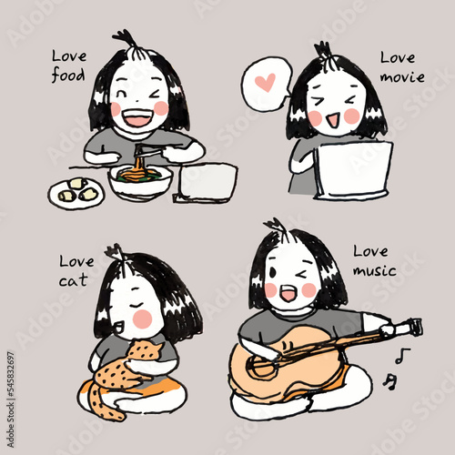 girl 4 character, life style, enjoy eating, love cat, play guitar, enjoy with movie, freehand drawn style, gray background