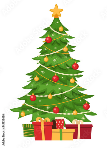 Christmas tree and gifts. Isolated on white background. Cartoon style. Vector illustration.