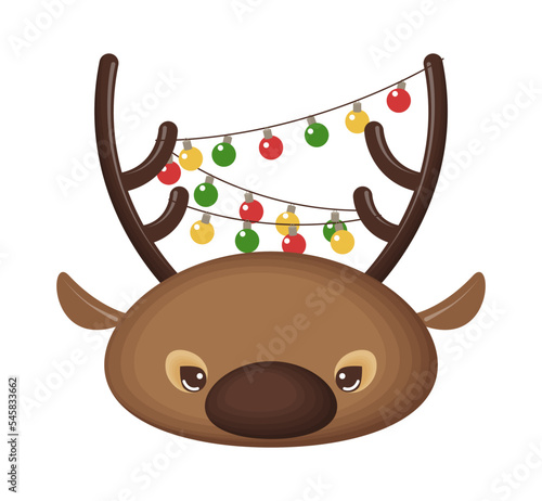 The muzzle of cute cartoon reindeer. The antlers are decorated with a garland. Isolated icon on a white background. Vector illustration.