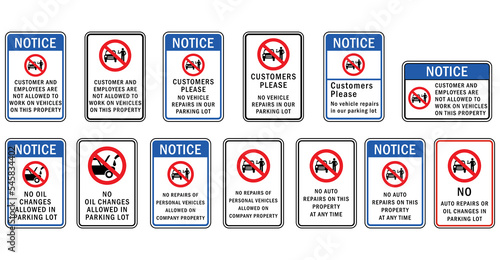 Parking lot garage no vehicle repair allowed in parking lot sign 