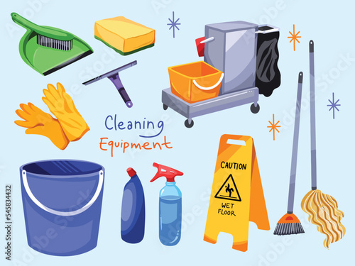 Cleaning service job equipment set collection vector illustration with cartoon flat art style drawing. From broom, gloves, sponge, spray bottle, and others.