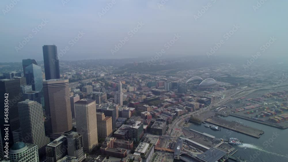 Aerial view of Seattle city downtown in Washington state.  Skyscrapers of Seattle from dronee view.