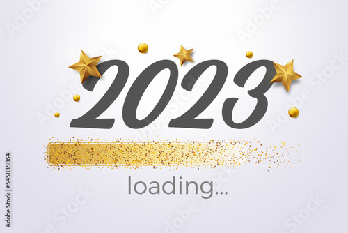 Loading progress bar reaching the end of 2022 and the start of 2023. Happy New Year vector. New year's eve loading screen with glitter confetti festive elements.
