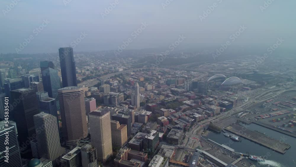 Aerial view of Seattle city downtown in Washington state. Skyscrapers of Seattle from dronee view. Aerial view of Seattle city downtown in Washington state. Skyscrapers of Seattle from dronee view.