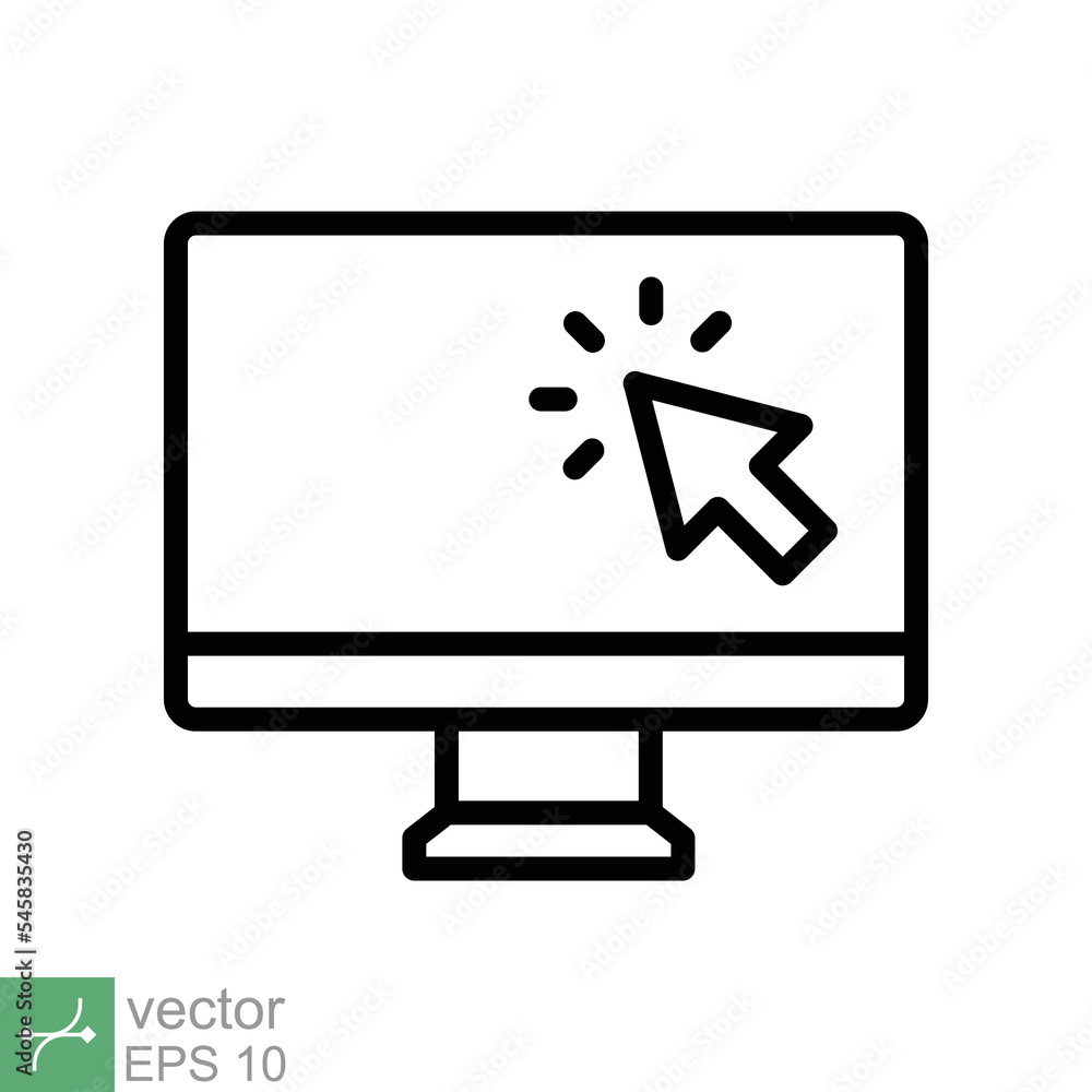 Computer monitor click cursor line icon. Simple outline style sign for mobile concept and web design. Mouse, PC, desktop, display. Vector illustration isolated. EPS 10. Computer monitor click cursor line icon. Simple outline style sign for mobile concept and web design. Mouse, PC, desktop, display. Vector illustration isolated. EPS 10.