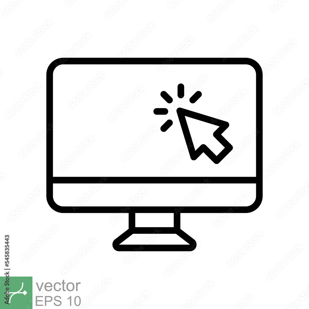 Computer monitor click cursor line icon. Simple outline style sign for mobile concept and web design. Mouse, PC, desktop, display. Vector illustration isolated. EPS 10. Computer monitor click cursor line icon. Simple outline style sign for mobile concept and web design. Mouse, PC, desktop, display. Vector illustration isolated. EPS 10.