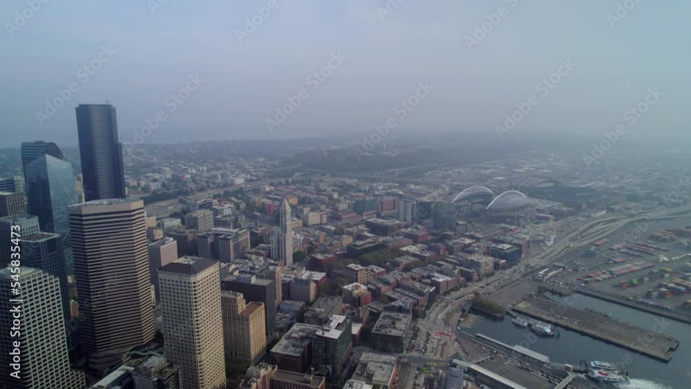 Aerial view of Seattle city downtown in Washington state. Skyscrapers of Seattle from drone view. Aerial view of Seattle city downtown in Washington state. Skyscrapers of Seattle from drone view.