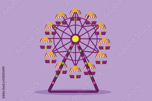 Graphic flat design drawing colorful ferirs wheel in an amusement park, circular circle turning high in the sky. Festival play ride. Play on funfair outdoor festival. Cartoon style vector illustration