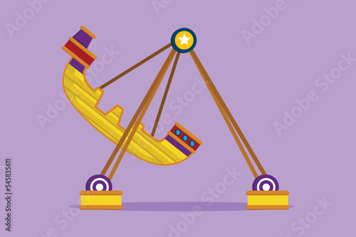 Cartoon flat style drawing colorful large swing boat in an amusement park driven by engine in outdoor land. Fun kids play on funfair festival. Popular extreme rides. Graphic design vector illustration